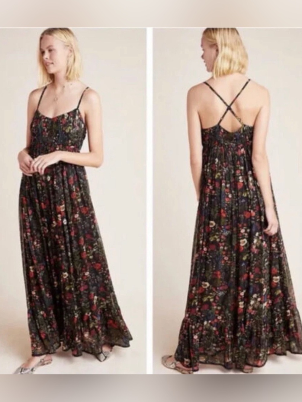 Anthropologie PAYAL JAIN Floral Maxi Dress Cross-back Flowy Evening Party
